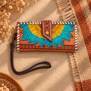 Sunflower Bloom Hand-Tooled Wristlet Wallet