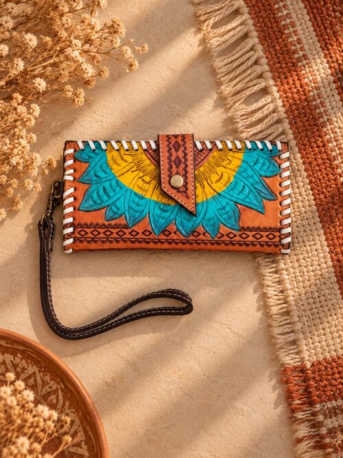 Sunflower Bloom Hand-Tooled Wristlet Wallet