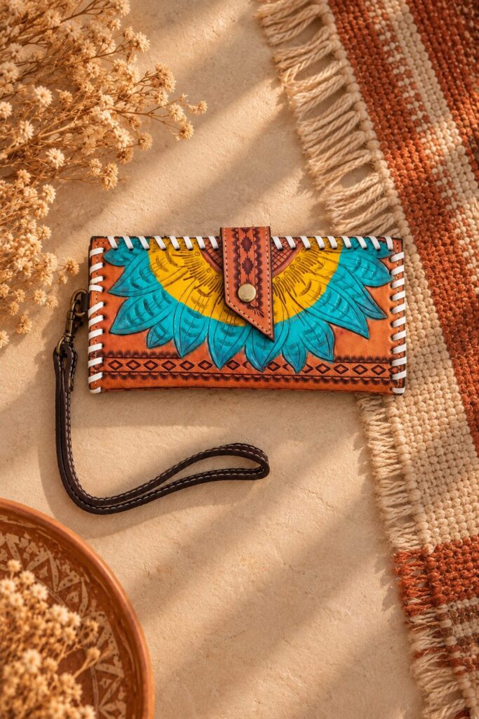 Sunflower Bloom Hand-Tooled Wristlet Wallet