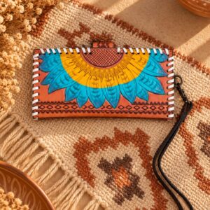 Sunflower Bloom Hand-Tooled Wristlet Wallet
