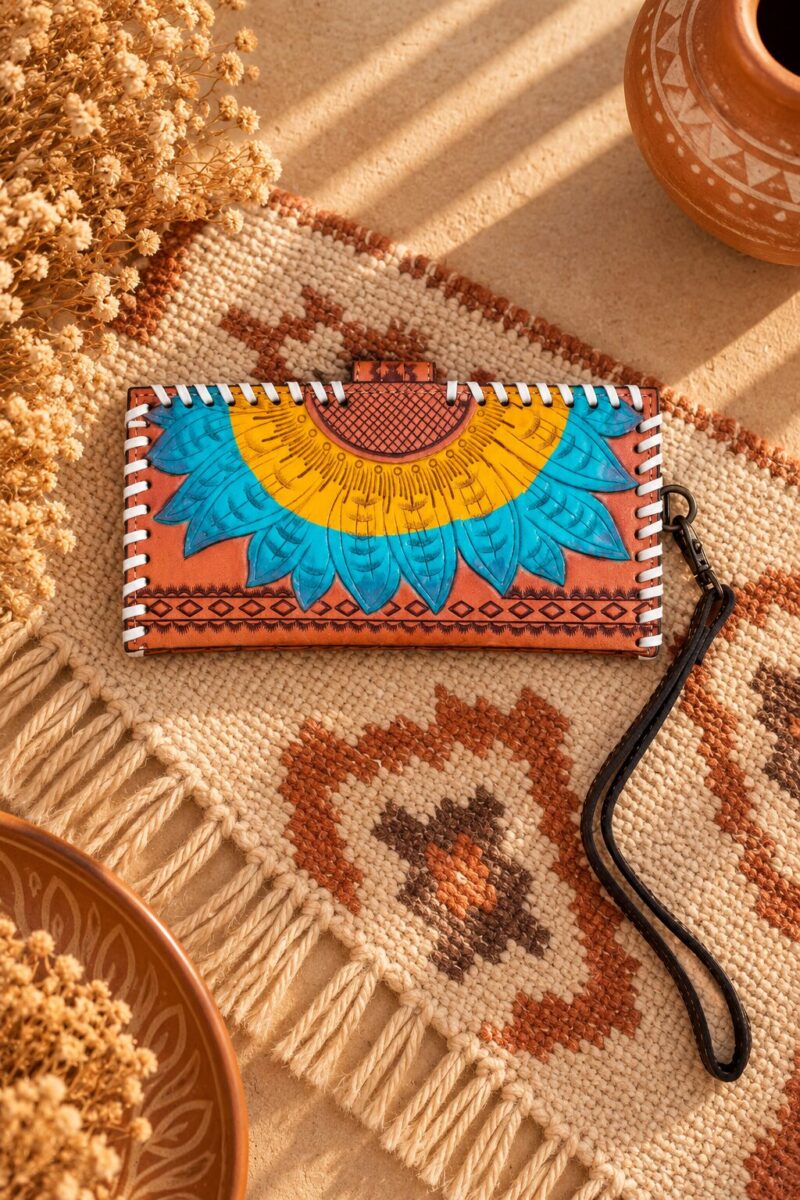 Sunflower Bloom Hand-Tooled Wristlet Wallet