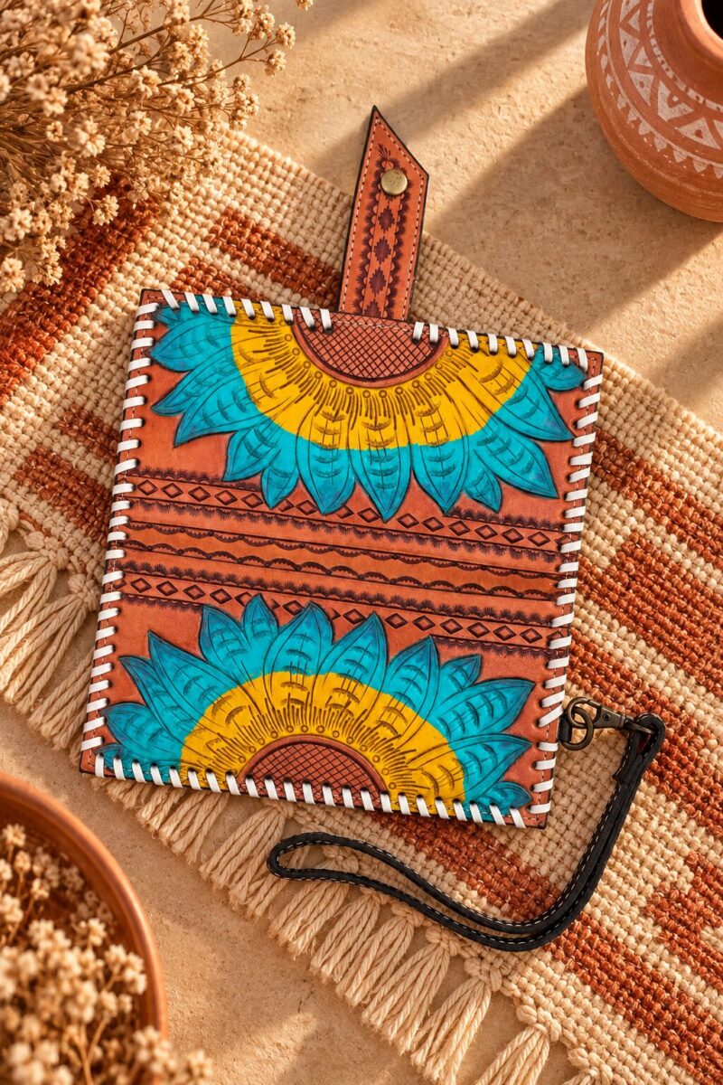 Sunflower Bloom Hand-Tooled Wristlet Wallet