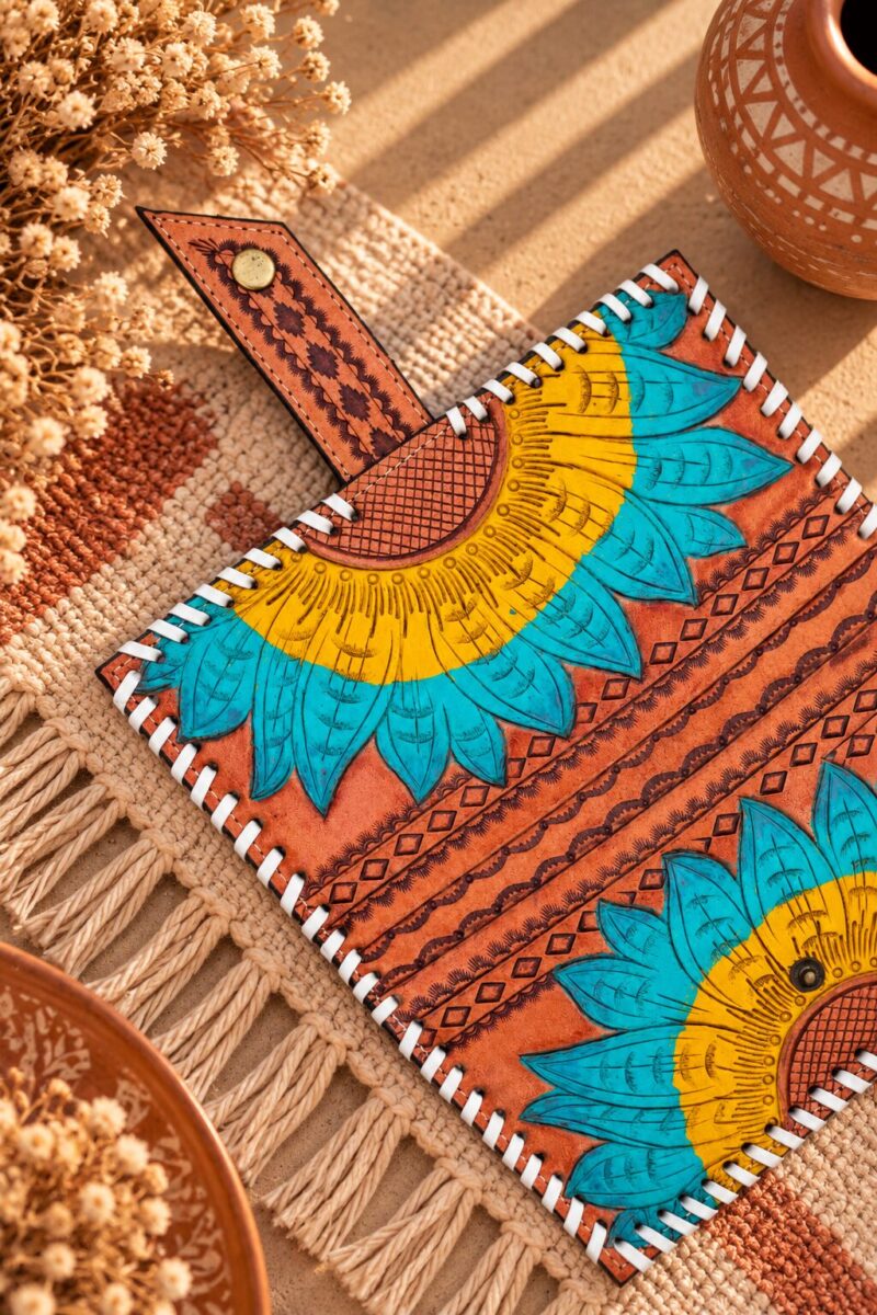 Sunflower Bloom Hand-Tooled Wristlet Wallet
