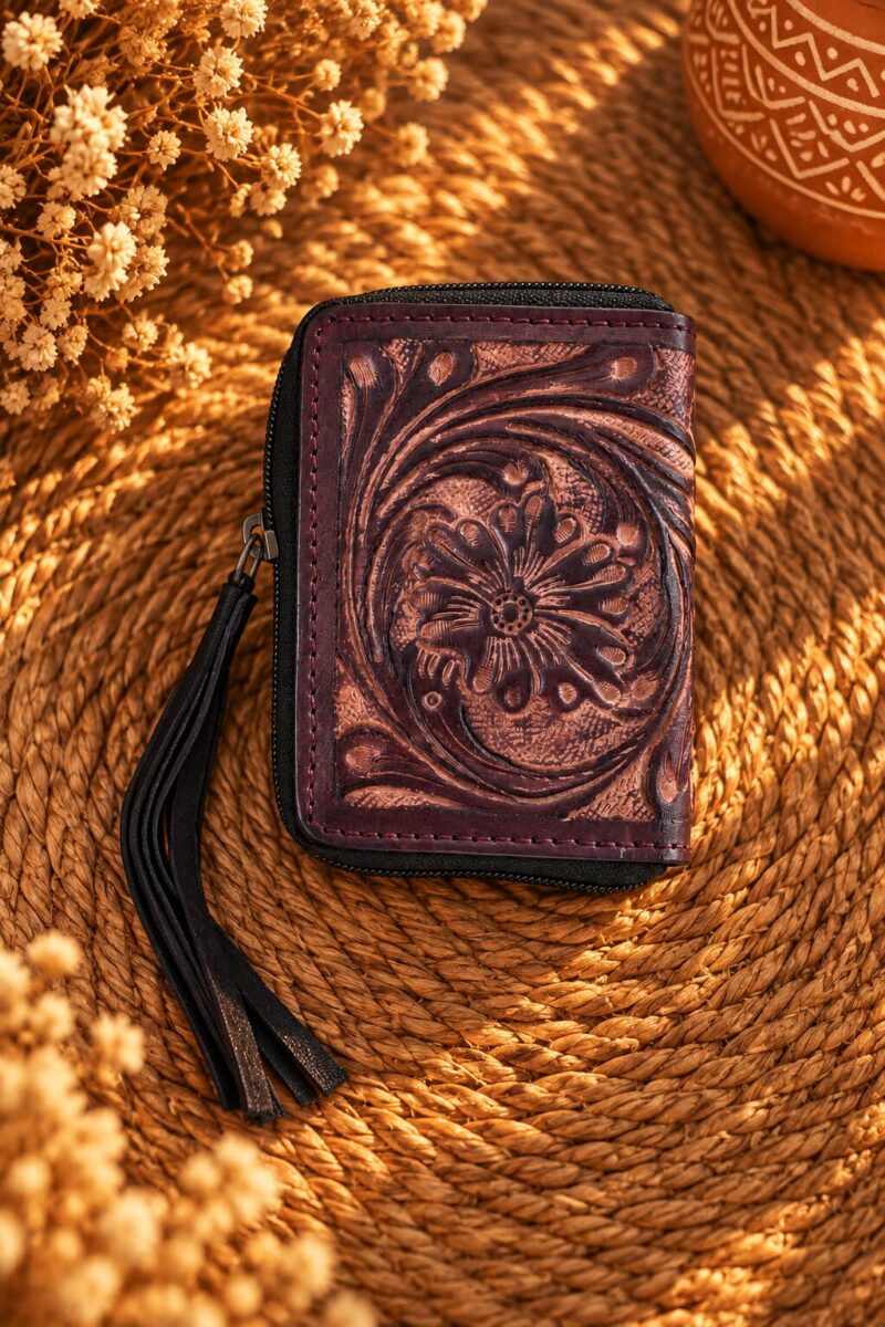 Western Floral Leather Zip Wallet