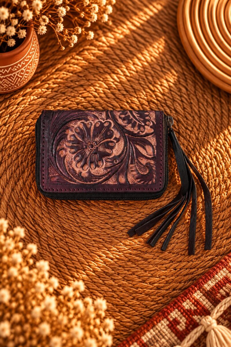 Western Floral Leather Zip Wallet