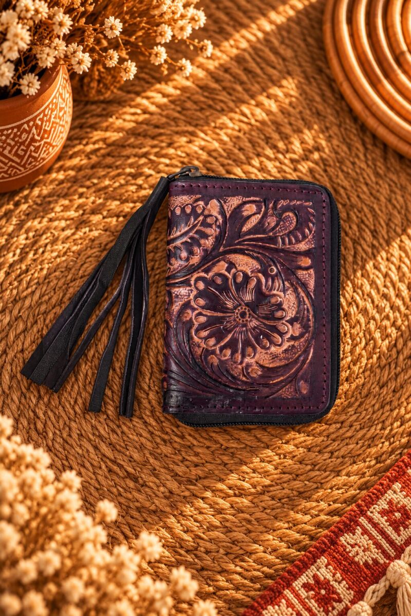 Western Floral Leather Zip Wallet