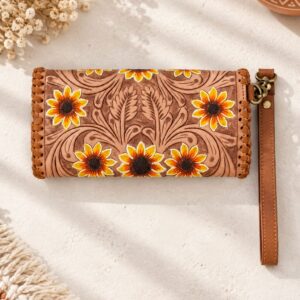 Western Floral Tooled Leather Wristlet Wallet Purse