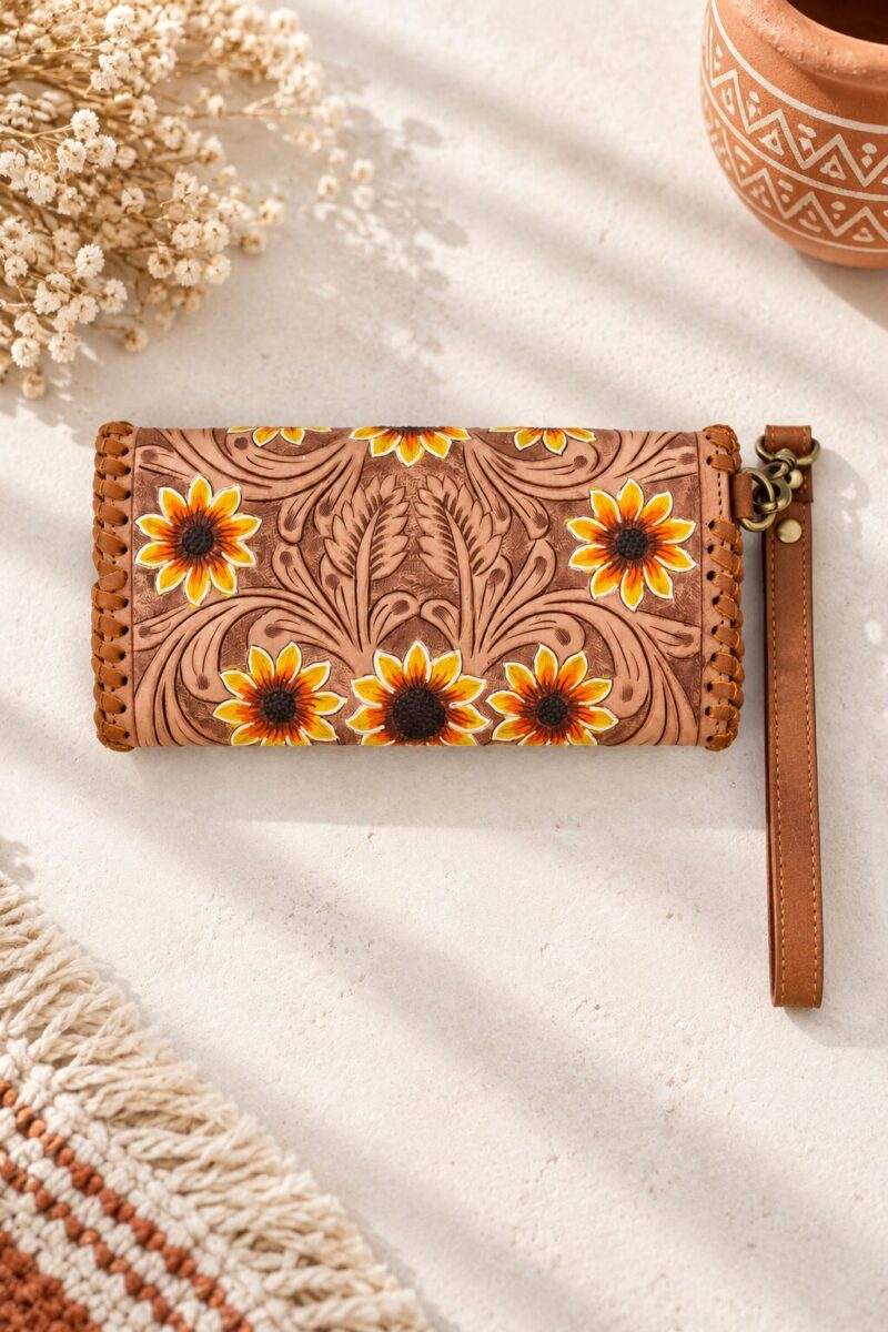 Western Floral Tooled Leather Wristlet Wallet Purse