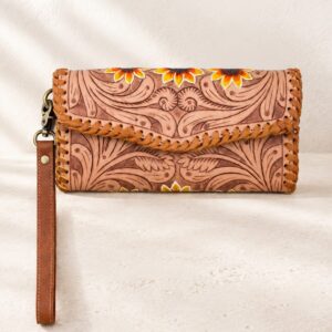 Western Floral Tooled Leather Wristlet Wallet Purse