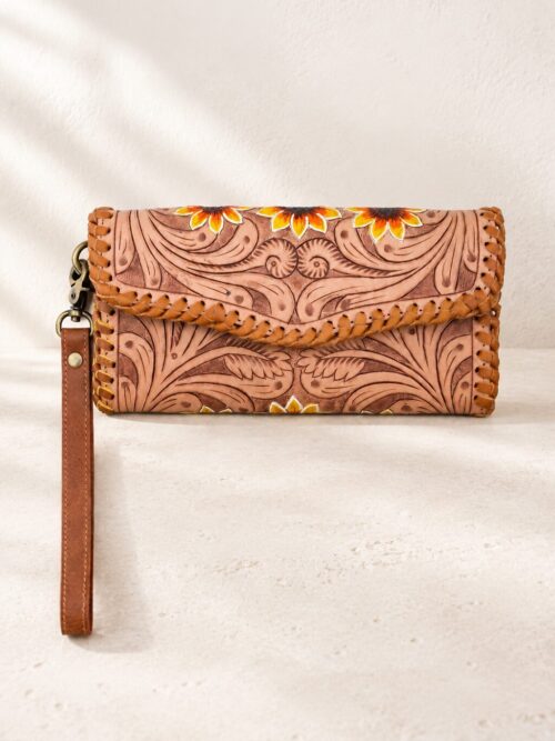 Western Floral Tooled Leather Wristlet Wallet Purse