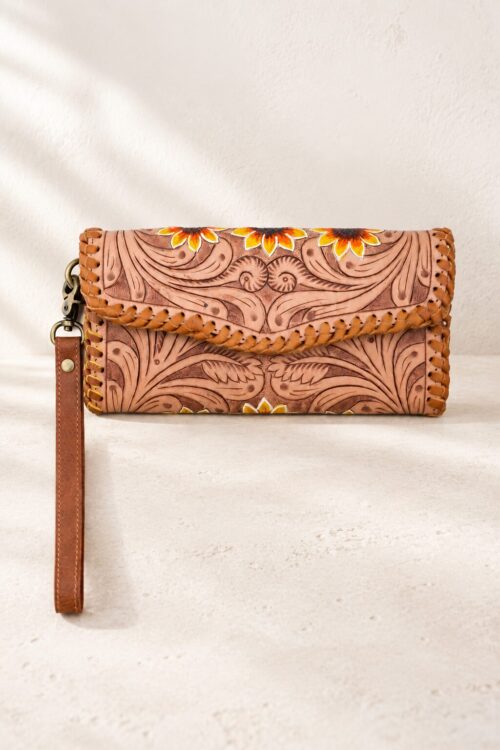 Western Floral Tooled Leather Wristlet Wallet Purse