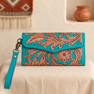 Turquoise Tooled Buffalo Leather Beaded Long Wallet