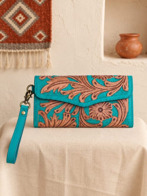 Turquoise Tooled Buffalo Leather Beaded Long Wallet