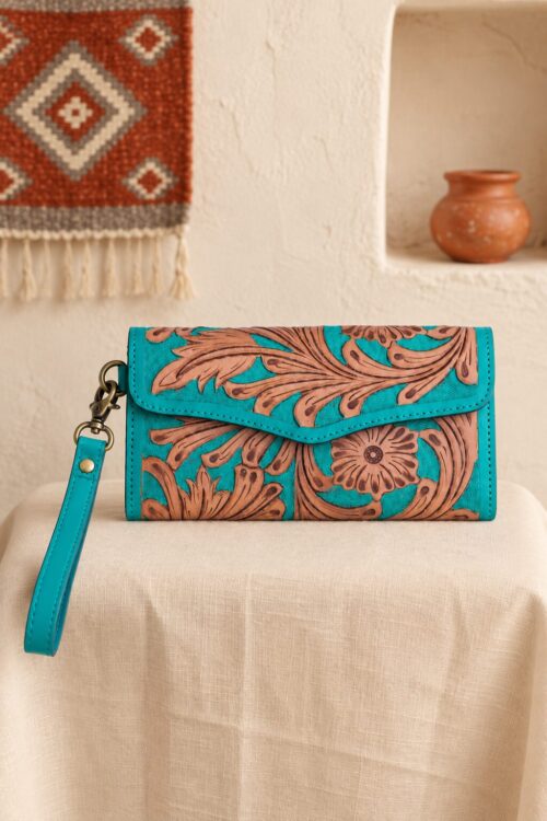 Turquoise Tooled Buffalo Leather Beaded Long Wallet