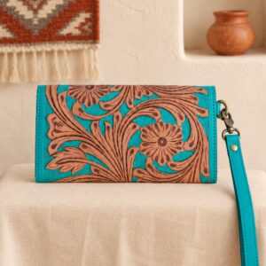 Turquoise Tooled Buffalo Leather Beaded Long Wallet