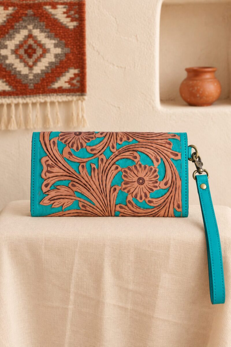 Turquoise Tooled Buffalo Leather Beaded Long Wallet