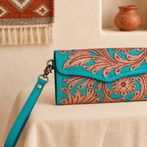 Turquoise Tooled Buffalo Leather Beaded Long Wallet