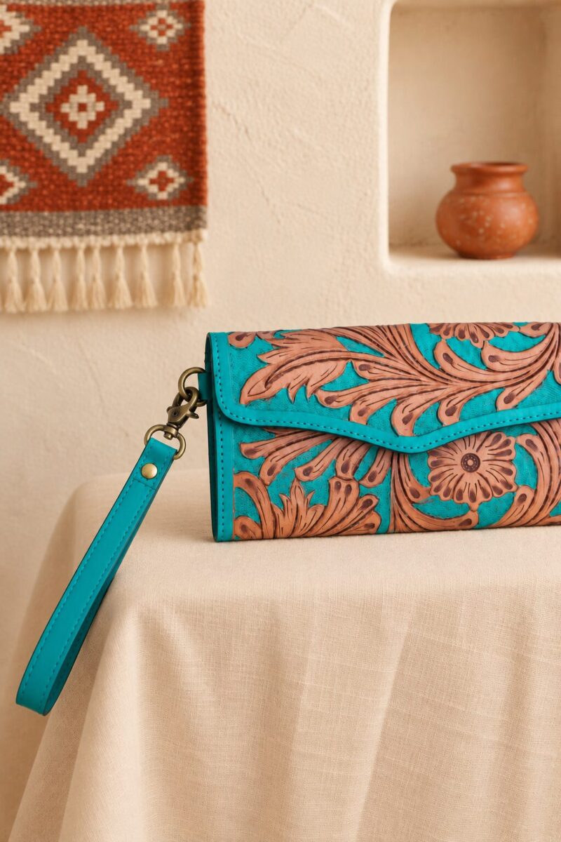 Turquoise Tooled Buffalo Leather Beaded Long Wallet