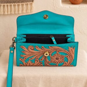 Turquoise Tooled Buffalo Leather Beaded Long Wallet