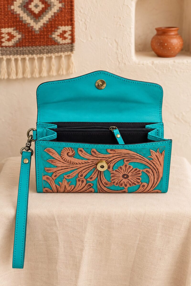 Turquoise Tooled Buffalo Leather Beaded Long Wallet