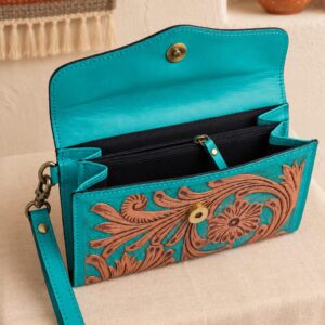 Turquoise Tooled Buffalo Leather Beaded Long Wallet