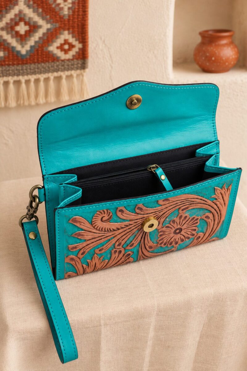Turquoise Tooled Buffalo Leather Beaded Long Wallet