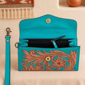 Turquoise Tooled Buffalo Leather Beaded Long Wallet