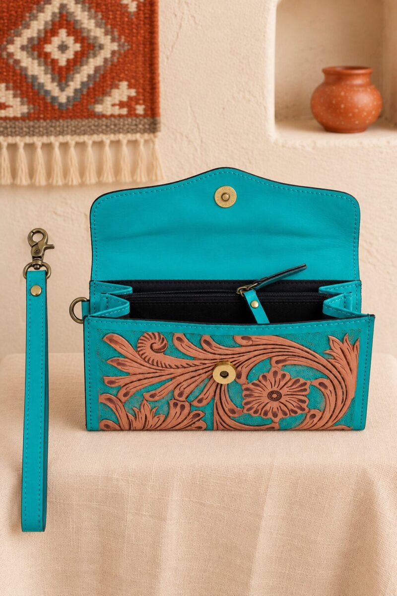 Turquoise Tooled Buffalo Leather Beaded Long Wallet