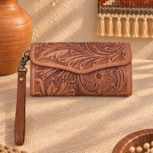 Turquoise Tooled Buffalo Leather Beaded Long Wallet