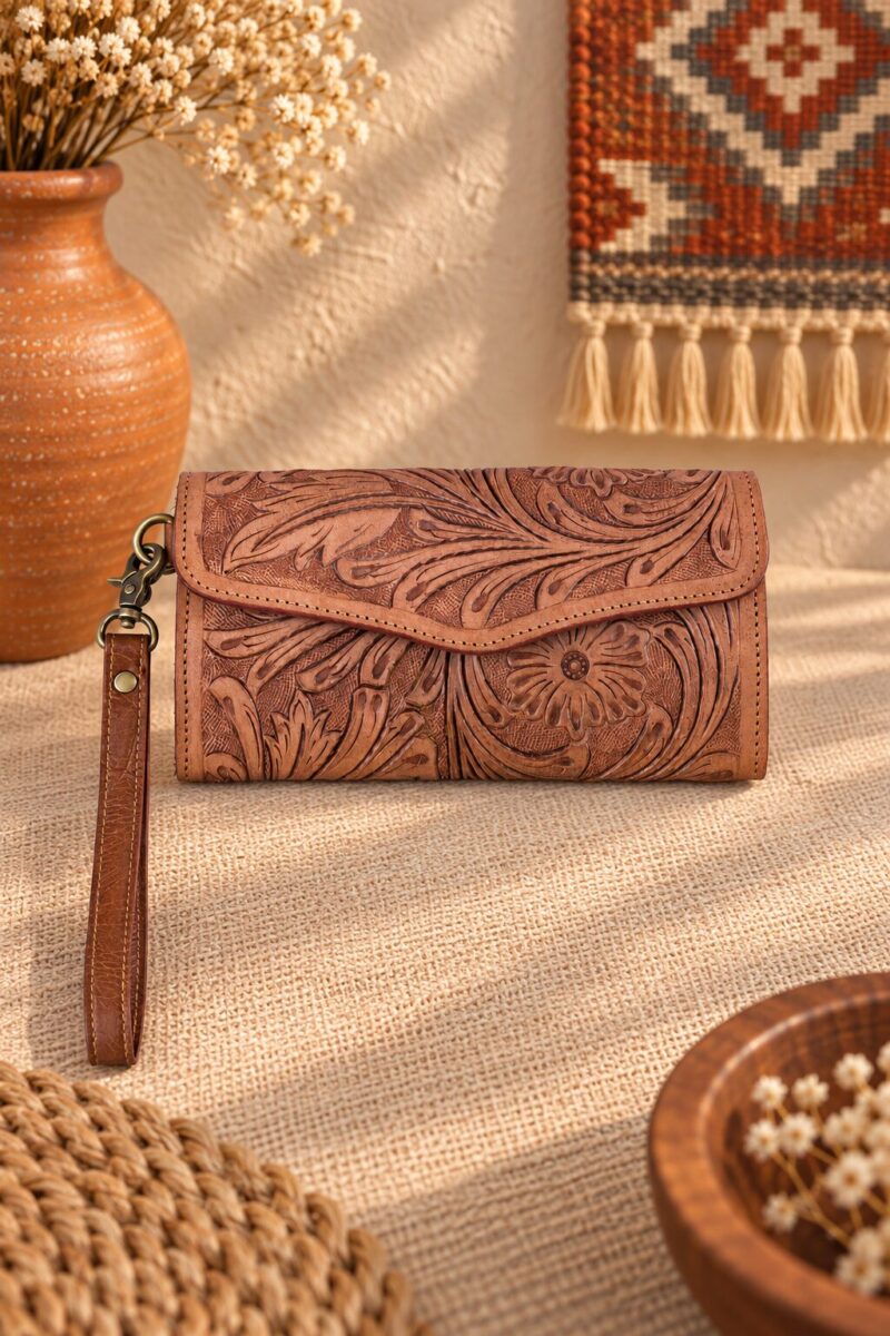 Turquoise Tooled Buffalo Leather Beaded Long Wallet