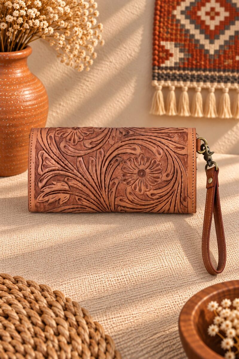 Turquoise Tooled Buffalo Leather Beaded Long Wallet