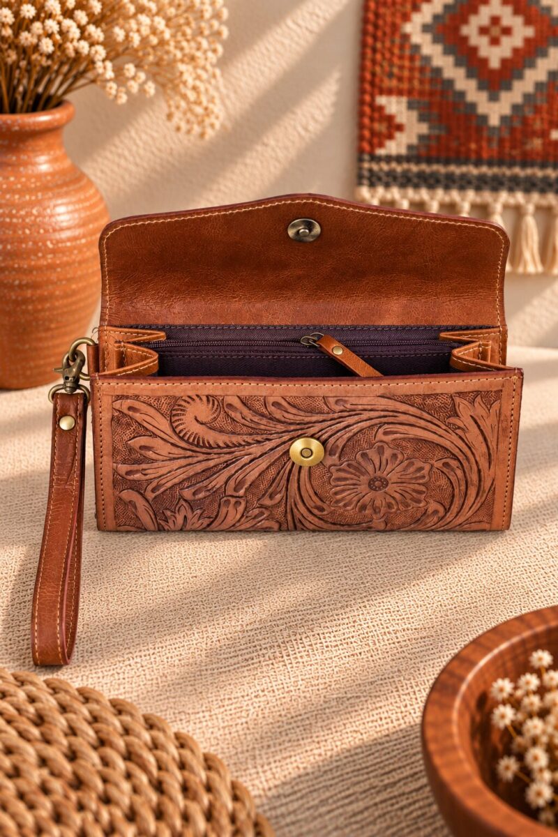 Turquoise Tooled Buffalo Leather Beaded Long Wallet