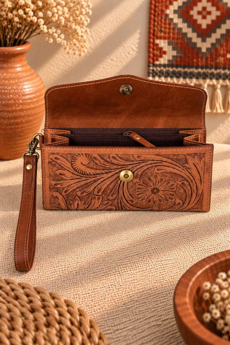 Turquoise Tooled Buffalo Leather Beaded Long Wallet