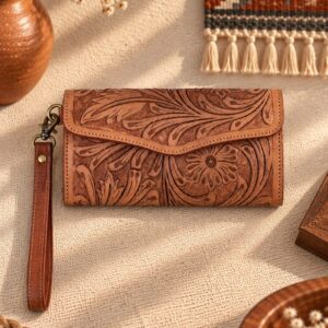 Turquoise Tooled Buffalo Leather Beaded Long Wallet