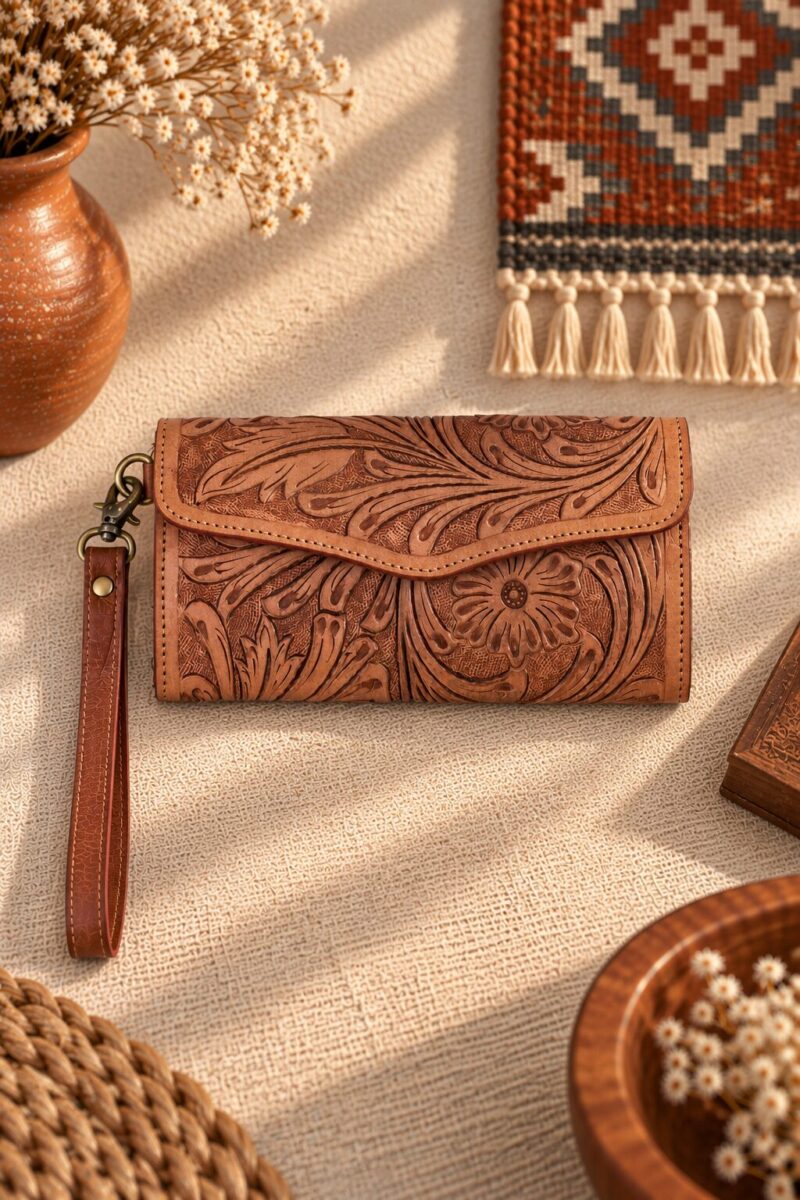 Turquoise Tooled Buffalo Leather Beaded Long Wallet