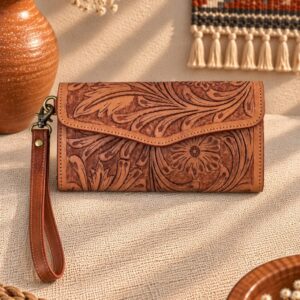 Turquoise Tooled Buffalo Leather Beaded Long Wallet