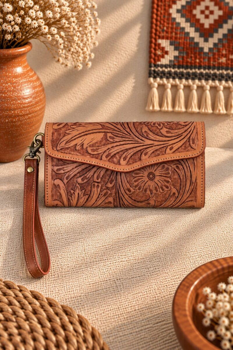 Turquoise Tooled Buffalo Leather Beaded Long Wallet