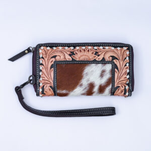 Western Tooled Leather & Goat Fur Wristlet Wallet