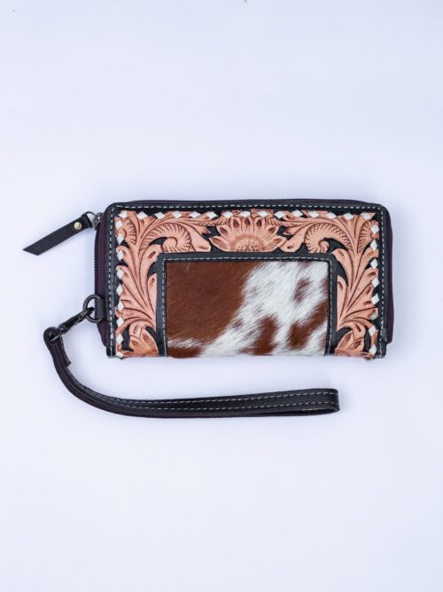 Western Tooled Leather & Goat Fur Wristlet Wallet