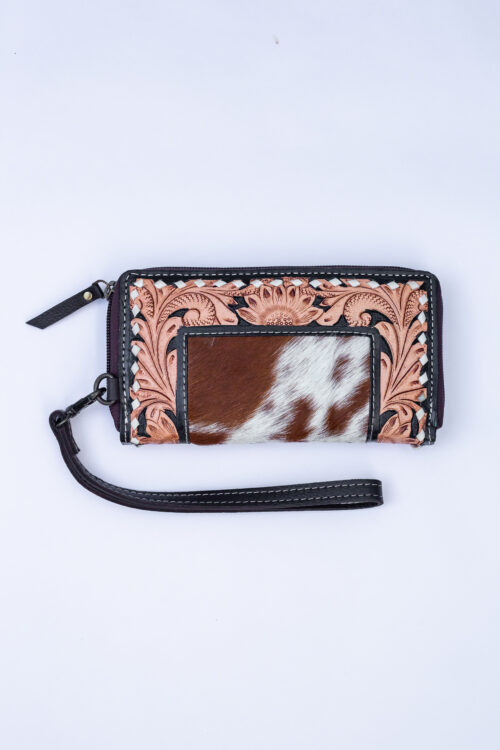 Western Tooled Leather & Goat Fur Wristlet Wallet