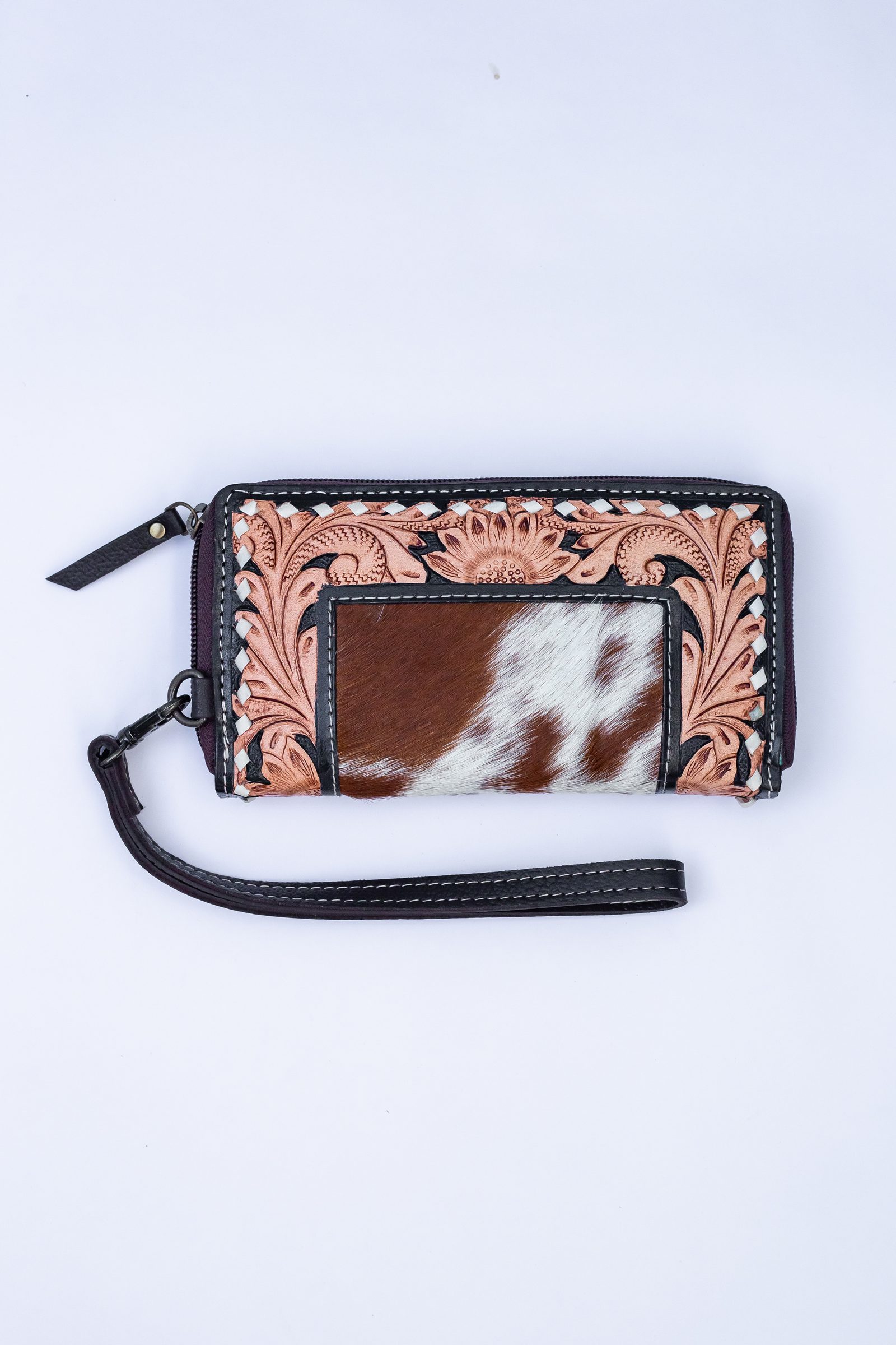 Western Tooled Leather & Goat Fur Wristlet Wallet