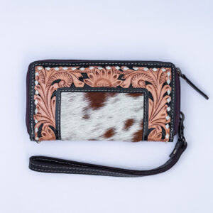 Western Tooled Leather & Goat Fur Wristlet Wallet