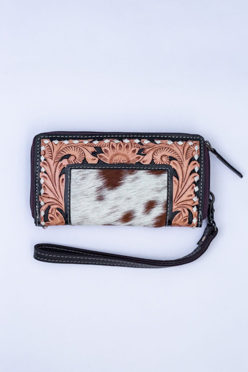 Western Tooled Leather & Goat Fur Wristlet Wallet