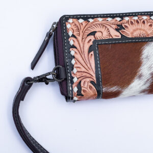 Western Tooled Leather & Goat Fur Wristlet Wallet