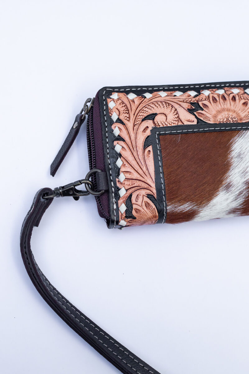 Western Tooled Leather & Goat Fur Wristlet Wallet