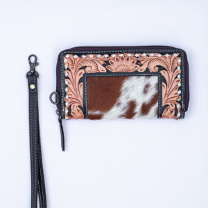 Western Tooled Leather & Goat Fur Wristlet Wallet