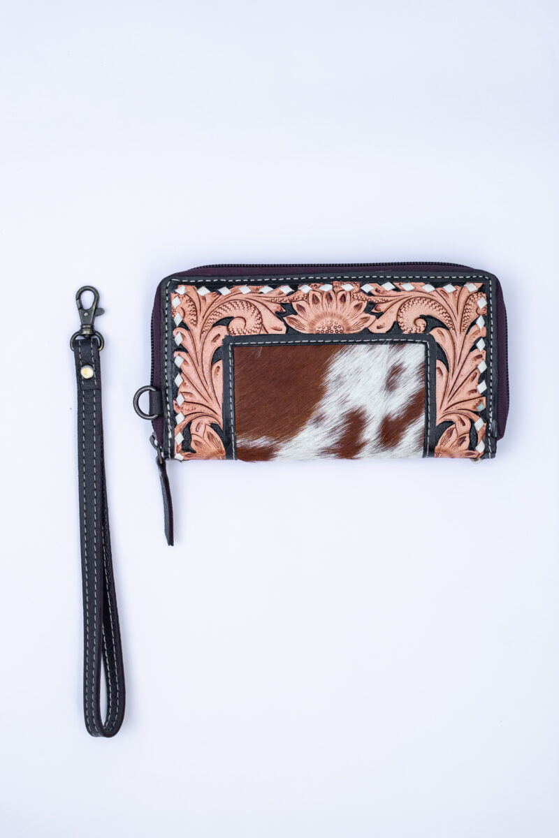 Western Tooled Leather & Goat Fur Wristlet Wallet