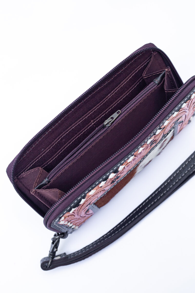 Western Tooled Leather & Goat Fur Wristlet Wallet