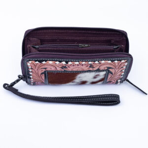Western Tooled Leather & Goat Fur Wristlet Wallet