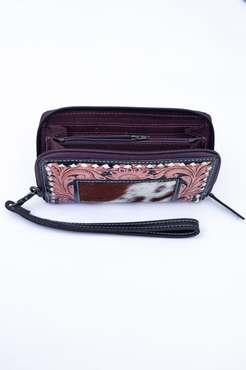 Western Tooled Leather & Goat Fur Wristlet Wallet